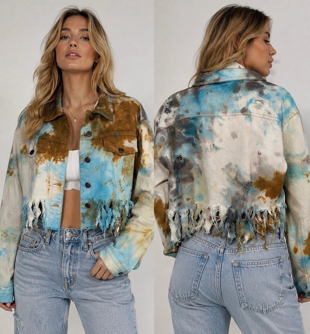 Taxi XL Tie Dye Distressed Cropped Denim Jacket Raw Fringe Acid Wash Oversized